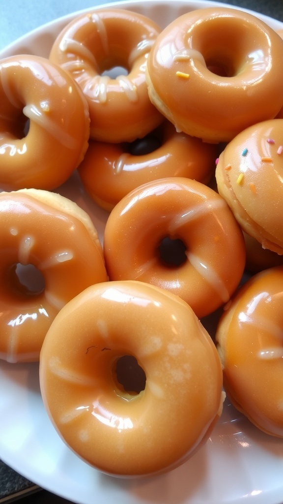Delicious Glazed Donut Recipe A tempting assortment of glazed donuts on a white plate, some decorated with sprinkles.